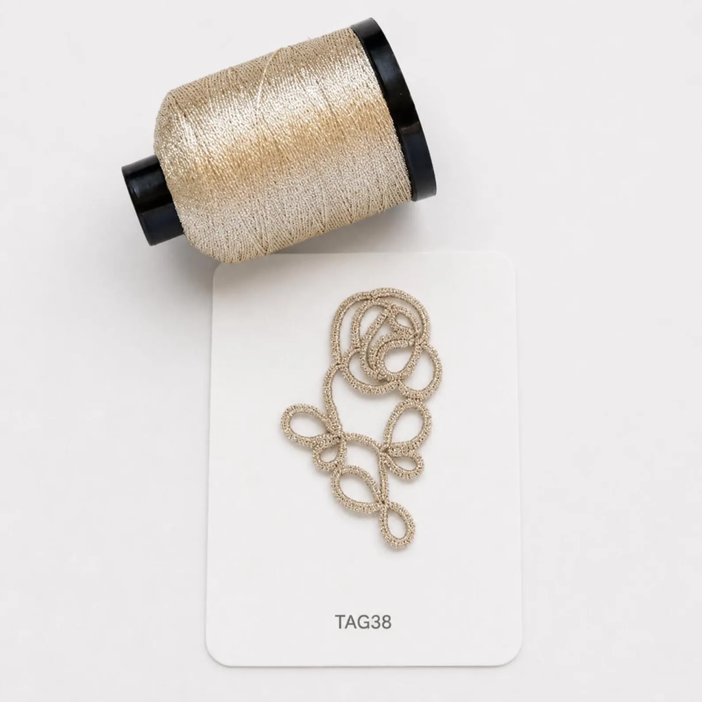 TAG38 metallic tatting thread with finished tatting sample